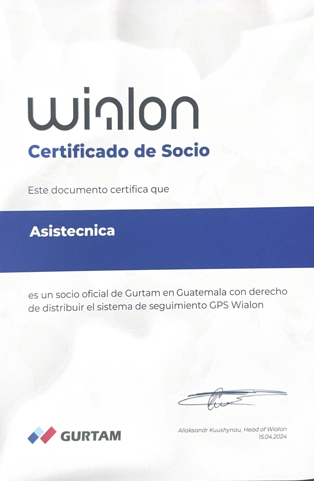 Certificado de socio de Gurtam que acredita a Asistecnica para distribuir Wialon en Guatemala